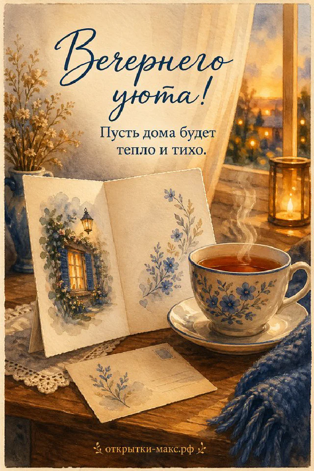 Акварельная сцена с чашкой чая, свечой и вазой с цветами у окна с видом на вечерний город — вариант 3