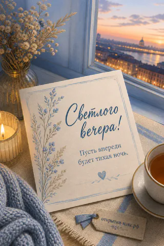 Карточка «Светлого вечера!» с синими акварельными ветвями на фоне закатного городского вида, свеча и чашка чая