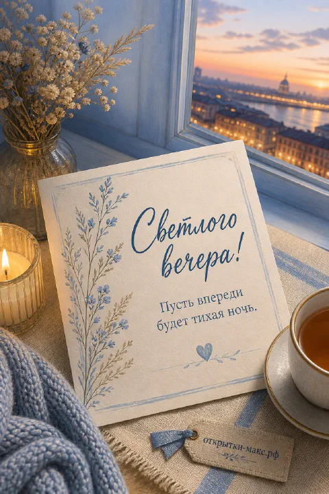 Карточка «Светлого вечера!» с синими акварельными ветвями на фоне закатного городского вида, свеча и чашка чая