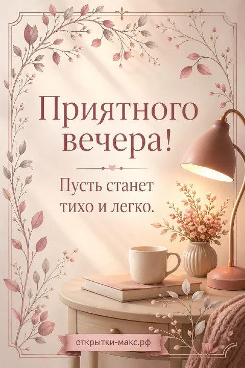 Бежевый столик с белой кружкой, закрытой книгой, вазочкой с розовыми цветами и розовой настольной лампой в пастельной рамке