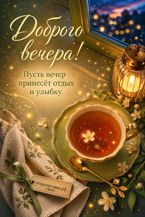 Фарфоровая чашка с чаем и цветком на золотом блюдечке и тёплый золотой фонарь с ветками жасмина