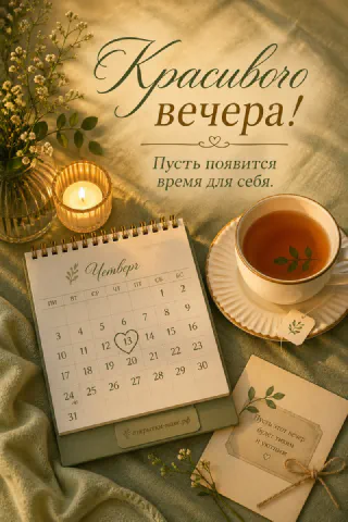 Настольный октябрьский календарь с числом 13, чашка чая, свеча и маленькая открытка с пожеланием на зелёном текстиле