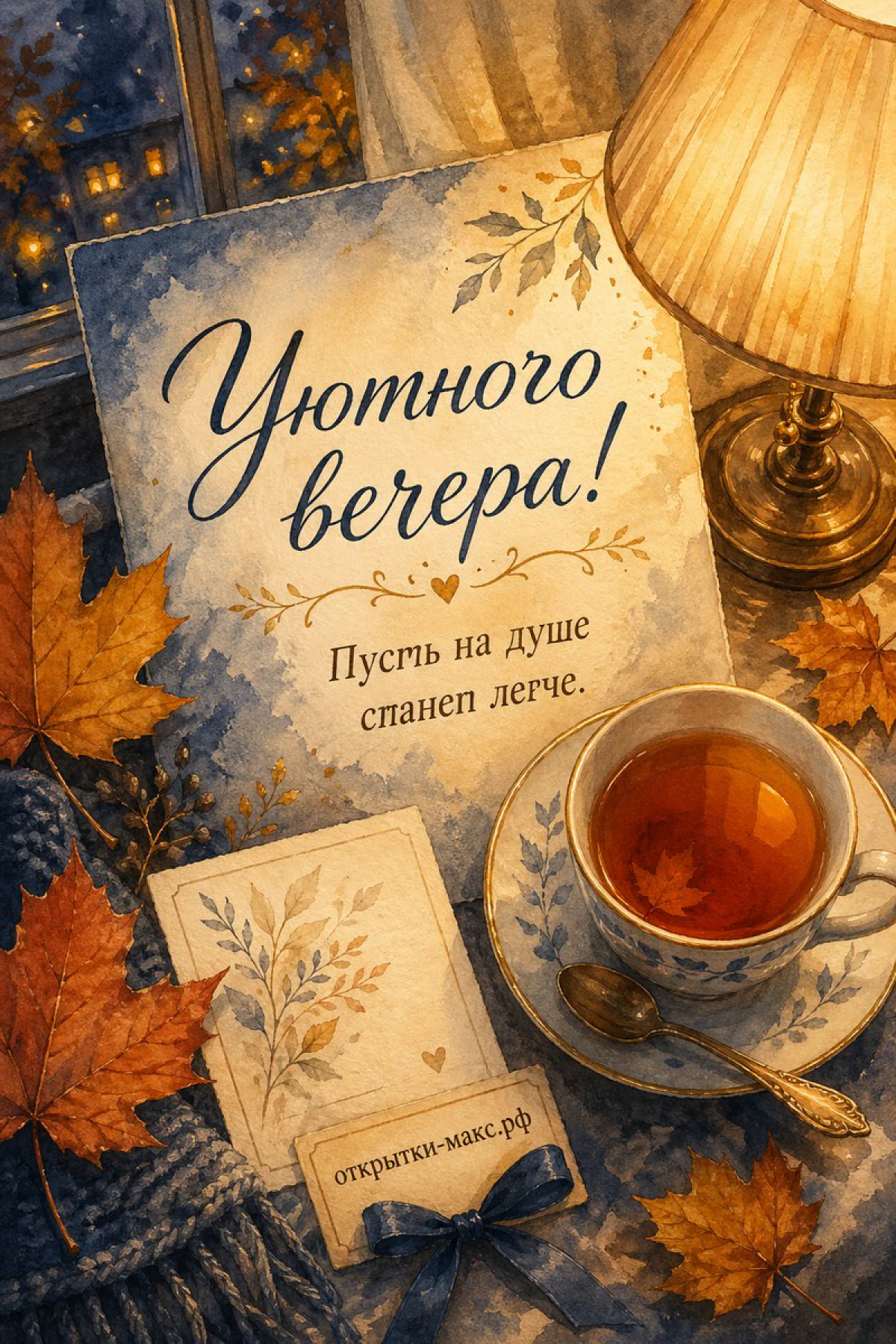 Чашка чая с голубым орнаментом среди осенних жёлтых листьев и горящая лампа