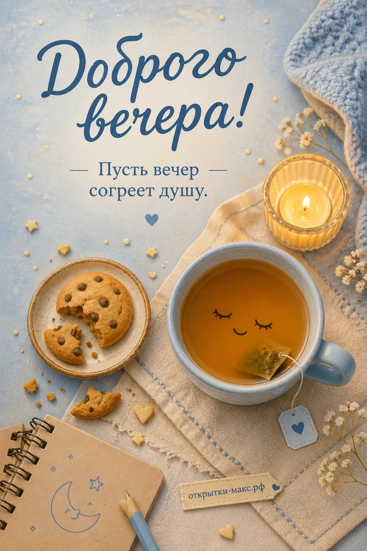 Открытая бумажная открытка с добрыми словами рядом с чашкой чая