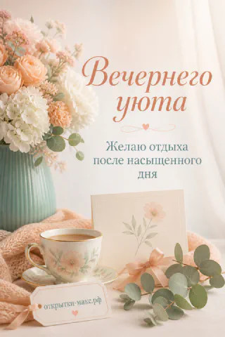 Персиковые розы и хризантемы в вазе рядом с фарфоровой чашкой чая и карточкой с цветком