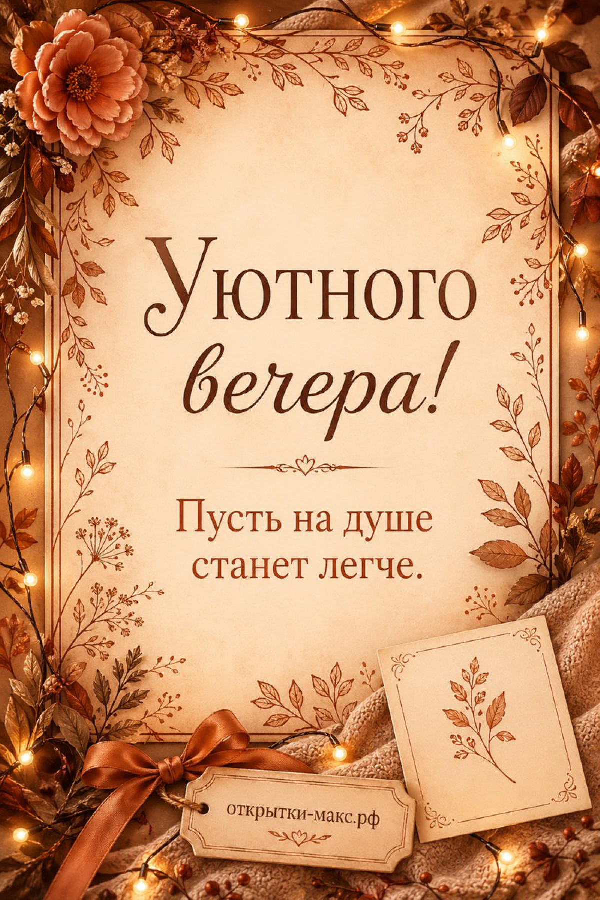 Бежевый плед с осенними цветами и мерцающей гирляндой в тёплых тонах