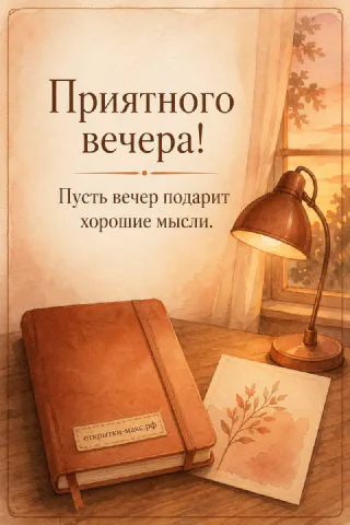 Акварельная открытка с кожаным блокнотом, медной настольной лампой и осенним окном, надпись Приятного вечера