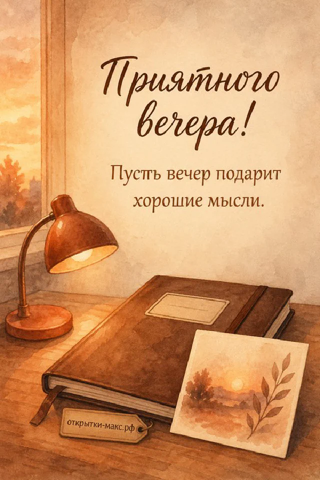 Акварельная открытка с кожаным блокнотом, медной настольной лампой и осенним окном, надпись Приятного вечера — вариант 2
