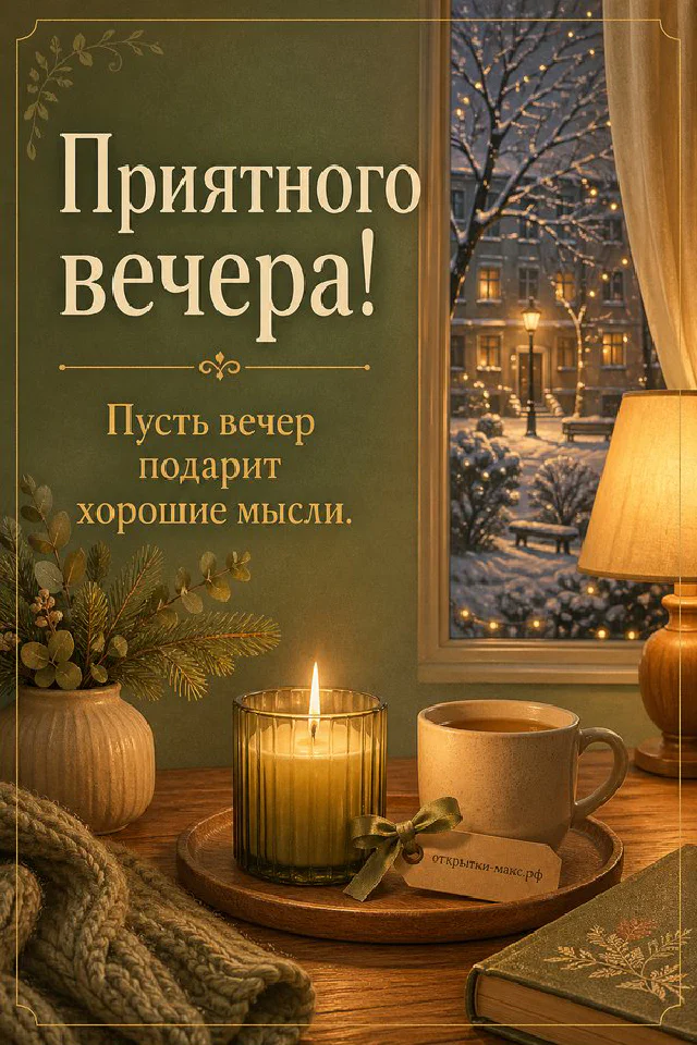Акварельная открытка с кожаным блокнотом, медной настольной лампой и осенним окном, надпись Приятного вечера — вариант 3