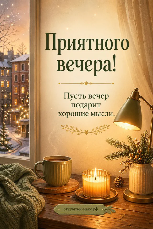 Акварельная открытка с кожаным блокнотом, медной настольной лампой и осенним окном, надпись Приятного вечера — вариант 4