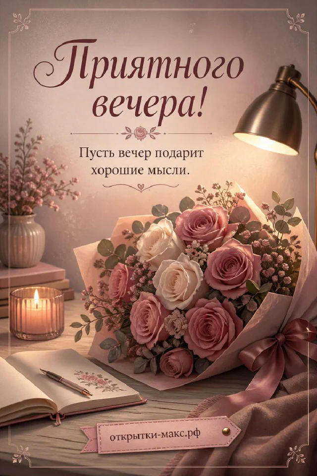 Акварельная открытка с кожаным блокнотом, медной настольной лампой и осенним окном, надпись Приятного вечера — вариант 5