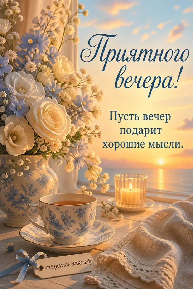 Акварельная открытка с кожаным блокнотом, медной настольной лампой и осенним окном, надпись Приятного вечера — вариант 6