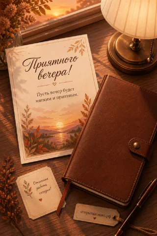 Деревянный стол с ежедневником, настольной лампой, карточкой Отличная работа сегодня и осенней открыткой с закатом