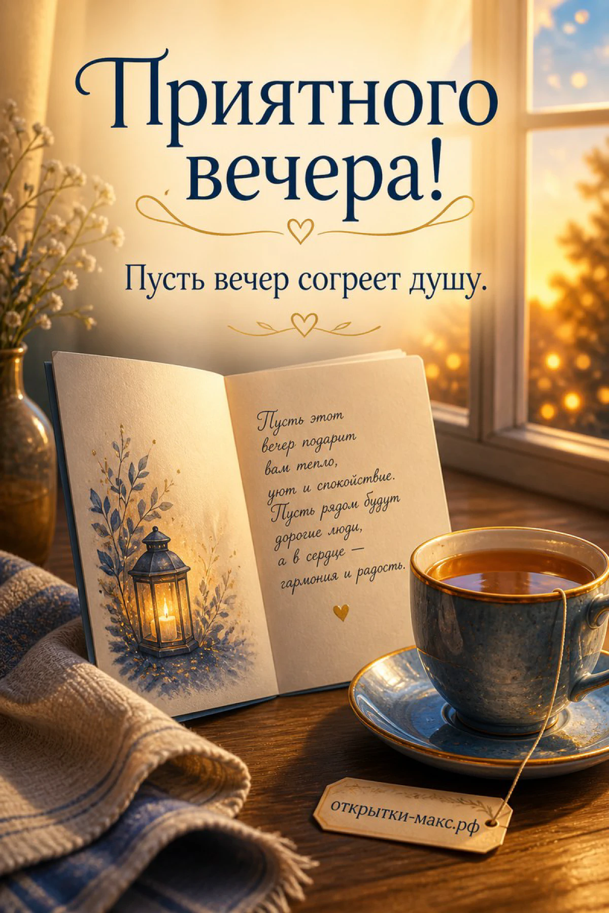 Открытка с открытой книгой, в которой написано пожелание, фонарём, чашкой чая и пледом у окна