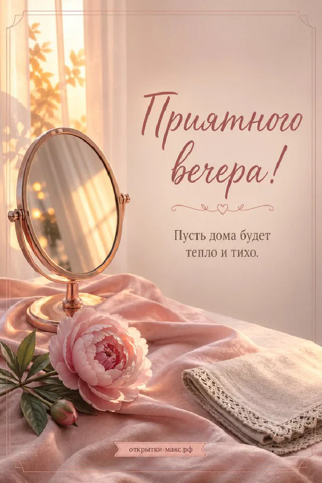 Открытка с кружкой какао, вязаными рукавицами и фонарём на фоне заснеженной деревни за окном — вариант 2