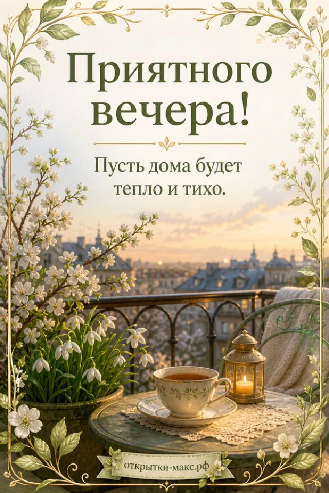 Открытка с кружкой какао, вязаными рукавицами и фонарём на фоне заснеженной деревни за окном — вариант 3