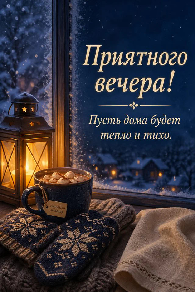 Открытка с кружкой какао, вязаными рукавицами и фонарём на фоне заснеженной деревни за окном — вариант 4