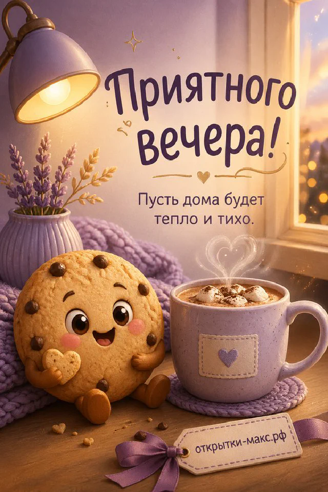 Открытка с кружкой какао, вязаными рукавицами и фонарём на фоне заснеженной деревни за окном — вариант 5