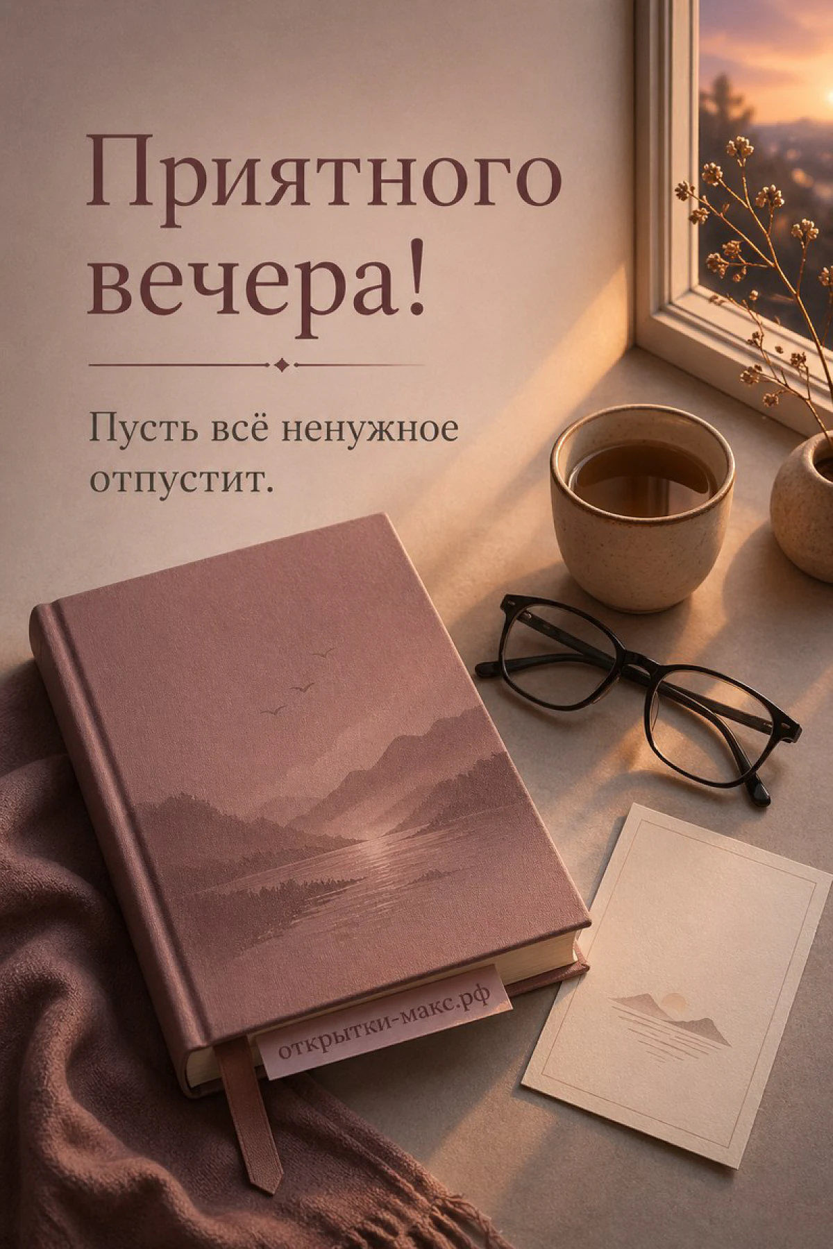 Открытка с книгой, парой очков, чашкой чая и блокнотом на бежевом фоне у окна, надпись Приятного вечера