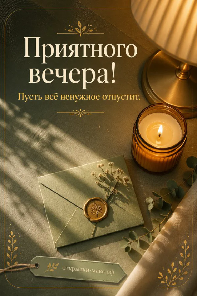 Открытка с книгой, парой очков, чашкой чая и блокнотом на бежевом фоне у окна, надпись Приятного вечера — вариант 2