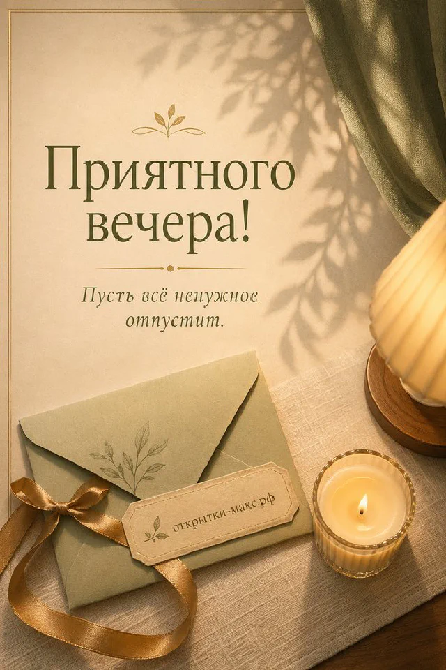 Открытка с книгой, парой очков, чашкой чая и блокнотом на бежевом фоне у окна, надпись Приятного вечера — вариант 3