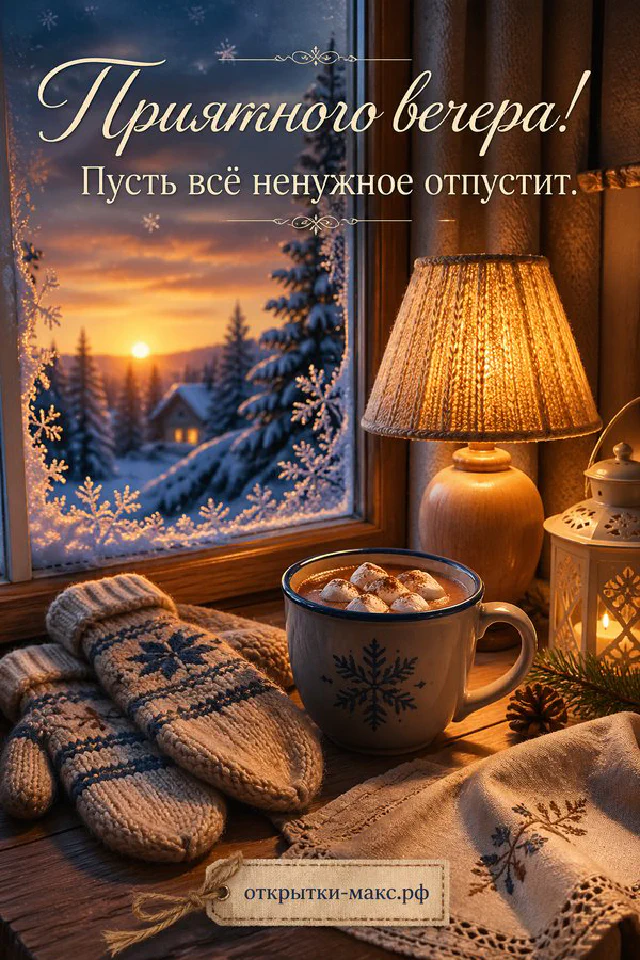 Открытка с книгой, парой очков, чашкой чая и блокнотом на бежевом фоне у окна, надпись Приятного вечера — вариант 4