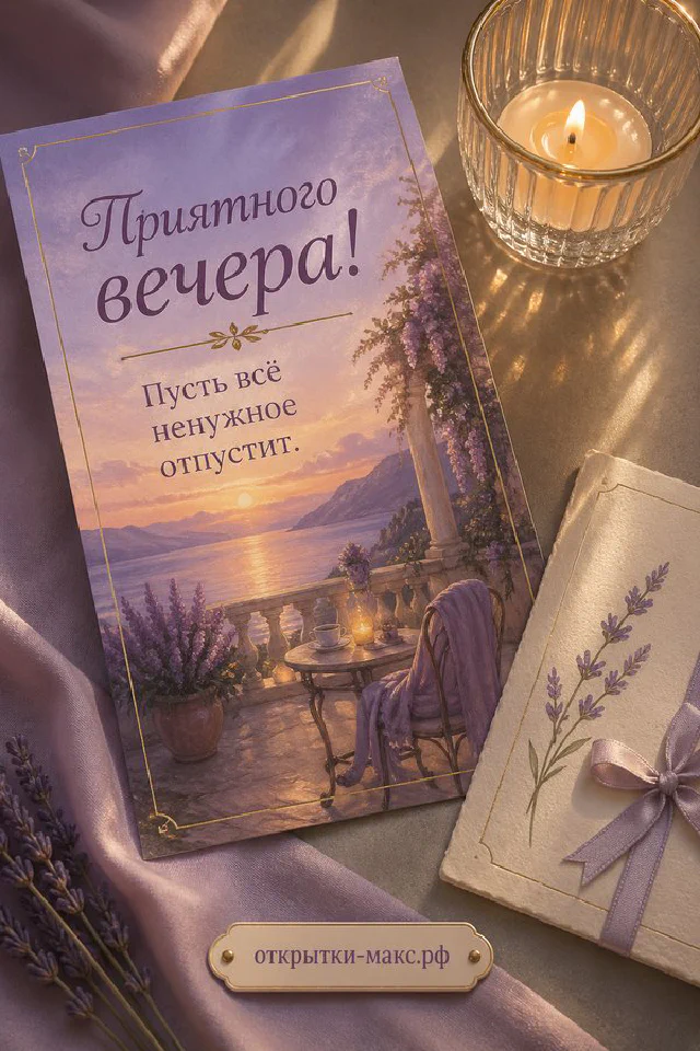 Открытка с книгой, парой очков, чашкой чая и блокнотом на бежевом фоне у окна, надпись Приятного вечера — вариант 5