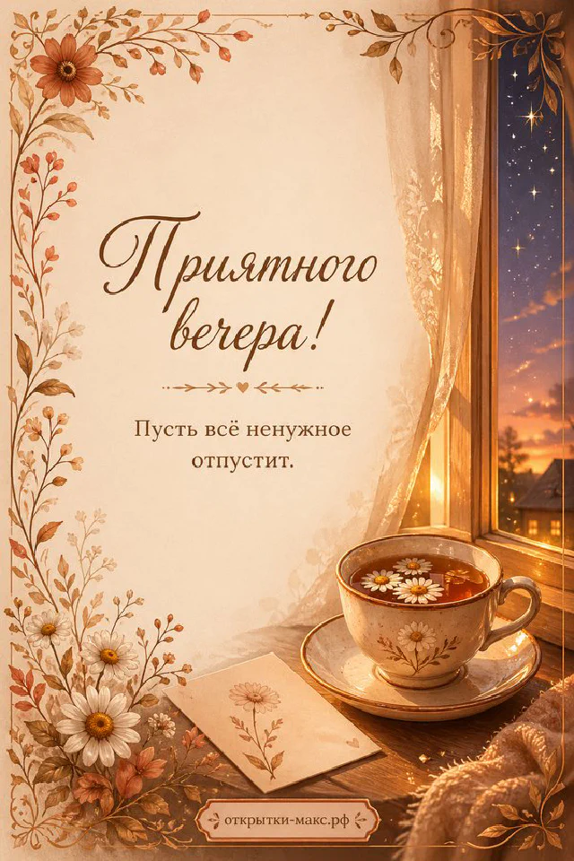 Открытка с книгой, парой очков, чашкой чая и блокнотом на бежевом фоне у окна, надпись Приятного вечера — вариант 6