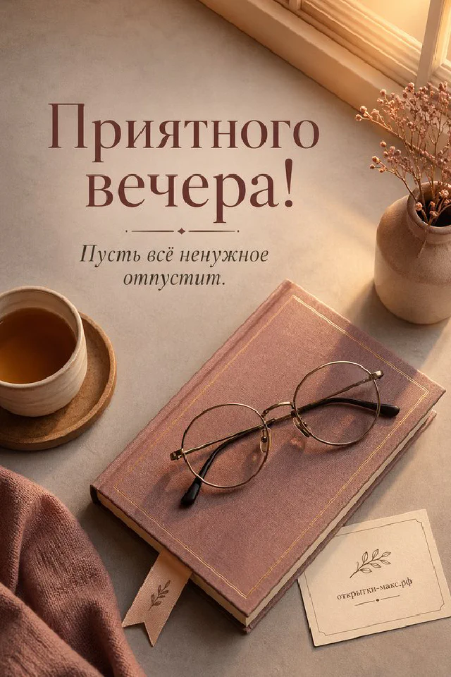Открытка с книгой, парой очков, чашкой чая и блокнотом на бежевом фоне у окна, надпись Приятного вечера — вариант 7