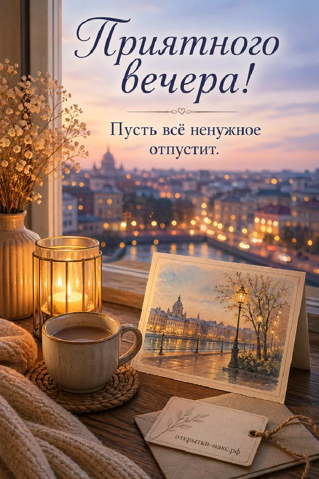 Открытка с книгой, парой очков, чашкой чая и блокнотом на бежевом фоне у окна, надпись Приятного вечера — вариант 8