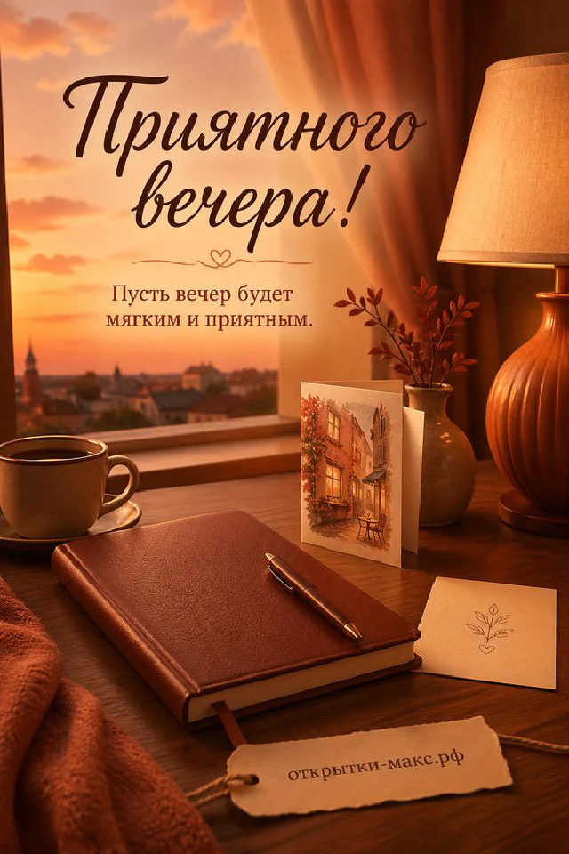 Зимняя открытка с бежевым конвертом, шишкой, еловой веткой и снежными узорами на окне — вариант 2