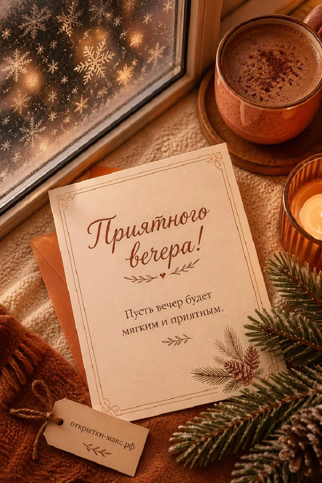 Зимняя открытка с бежевым конвертом, шишкой, еловой веткой и снежными узорами на окне — вариант 3