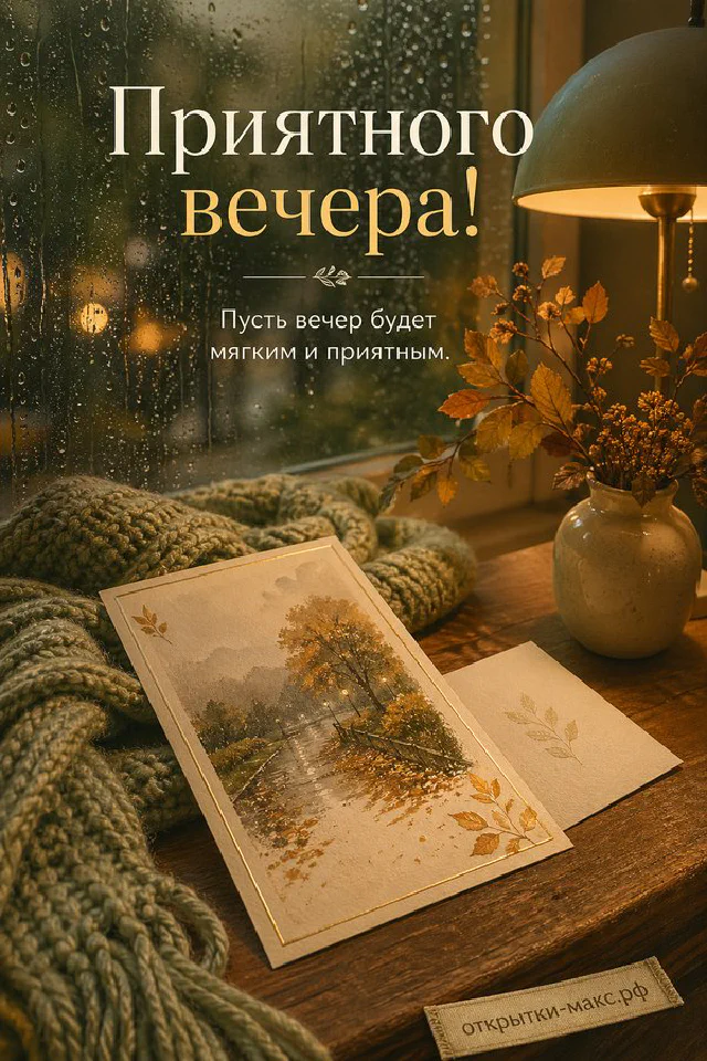 Зимняя открытка с бежевым конвертом, шишкой, еловой веткой и снежными узорами на окне — вариант 4