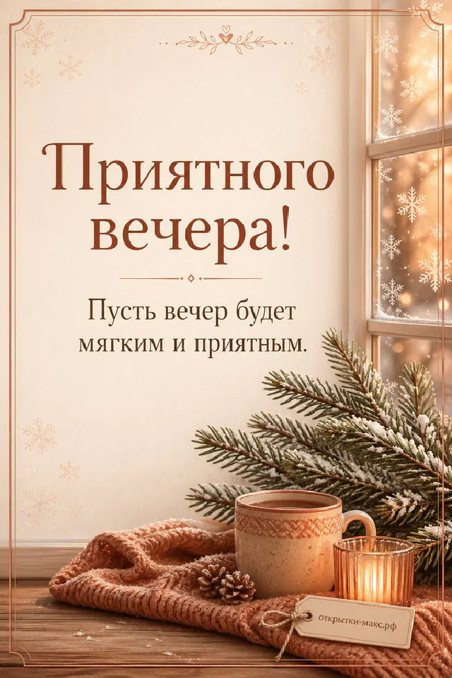 Зимняя открытка с бежевым конвертом, шишкой, еловой веткой и снежными узорами на окне — вариант 5