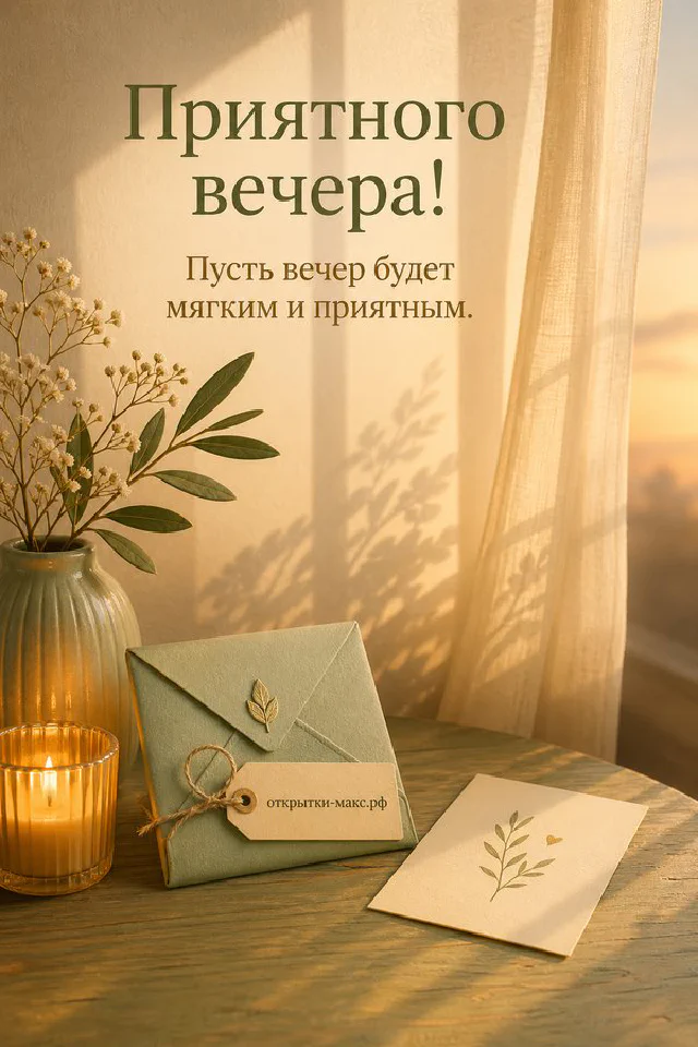 Зимняя открытка с бежевым конвертом, шишкой, еловой веткой и снежными узорами на окне — вариант 6