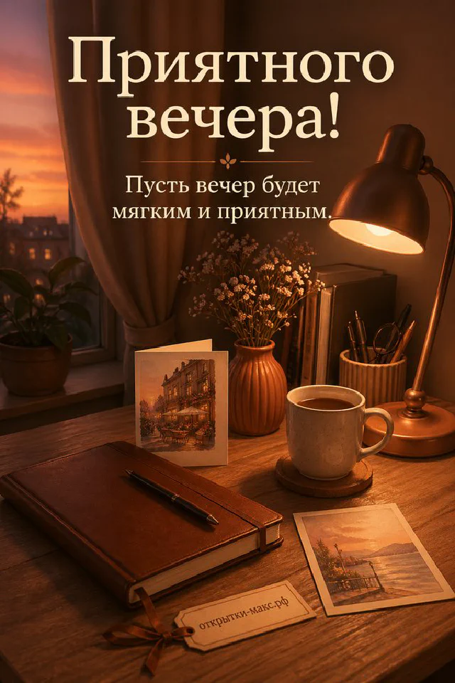 Зимняя открытка с бежевым конвертом, шишкой, еловой веткой и снежными узорами на окне — вариант 7
