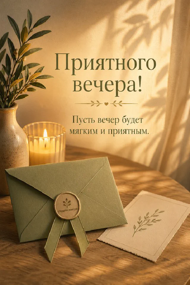 Зимняя открытка с бежевым конвертом, шишкой, еловой веткой и снежными узорами на окне — вариант 8