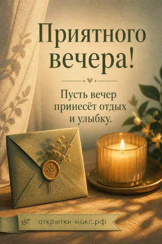 Золотой конверт с восковой печатью и горящая свеча в стеклянном подсвечнике на деревянном столе, надпись Приятного вечера