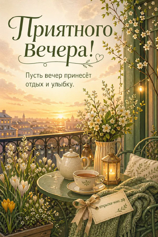 Золотой конверт с восковой печатью и горящая свеча в стеклянном подсвечнике на деревянном столе, надпись Приятного вечера — вариант 2