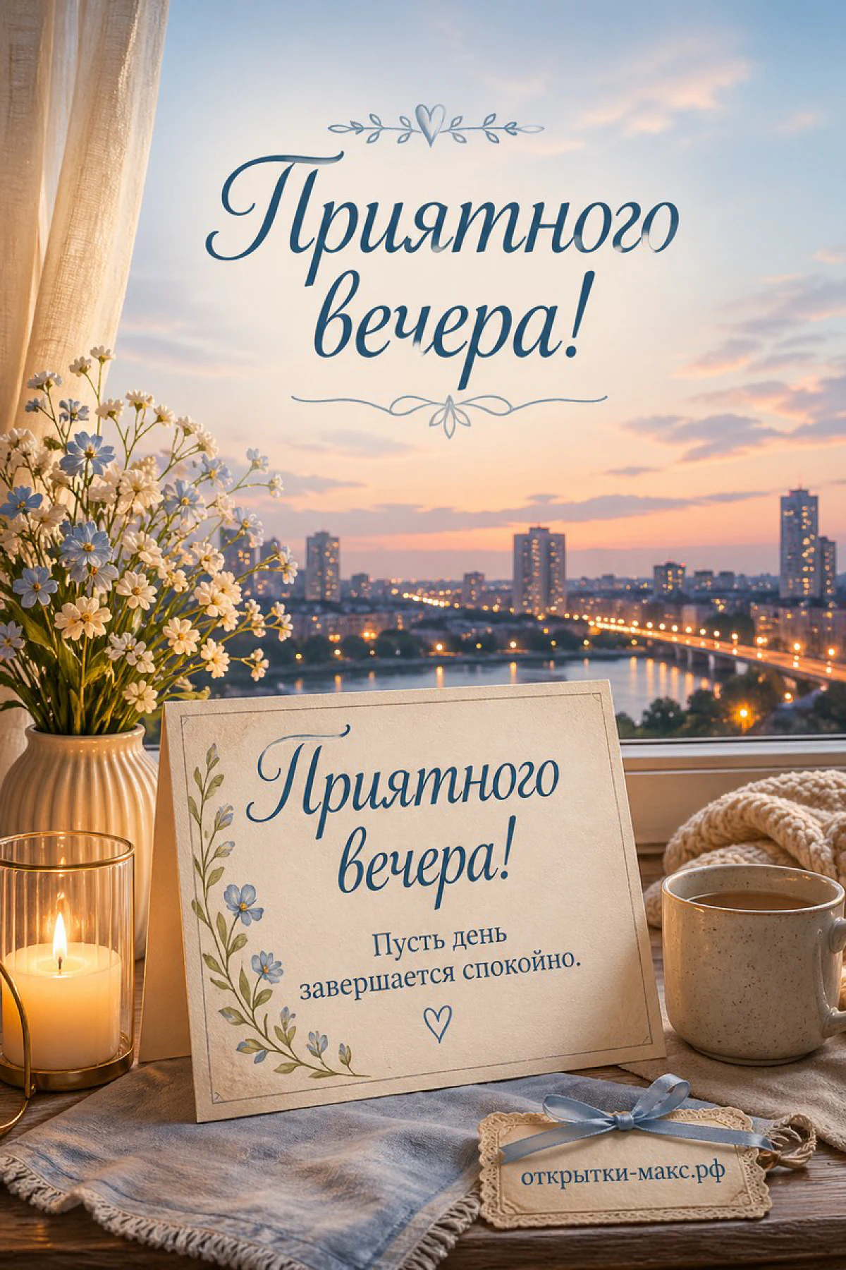Открытка с вечерней панорамой города из окна, свечой в стакане, цветами и кружкой на подоконнике