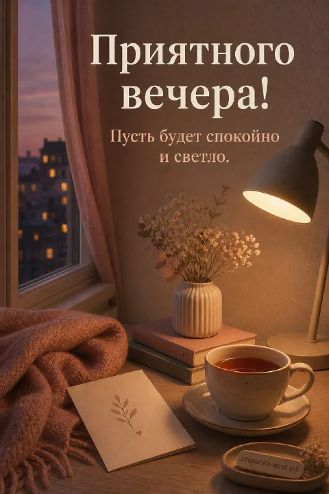 Вечерний стол с книгой, чашкой чая, пледом и лампой у окна с городскими огнями, надпись Приятного вечера