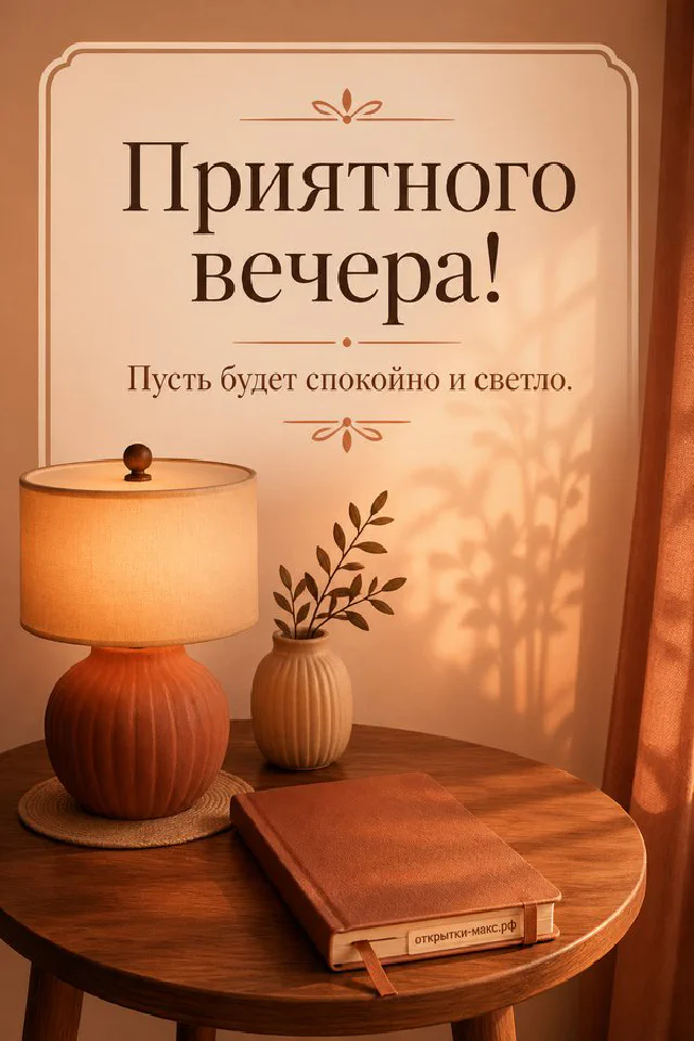 Вечерний стол с книгой, чашкой чая, пледом и лампой у окна с городскими огнями, надпись Приятного вечера — вариант 2