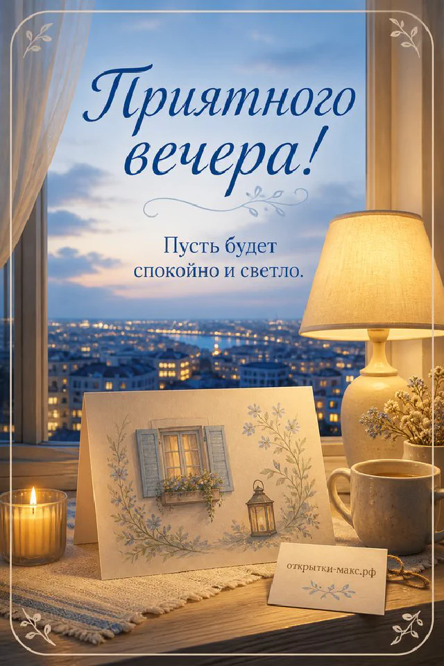 Вечерний стол с книгой, чашкой чая, пледом и лампой у окна с городскими огнями, надпись Приятного вечера — вариант 3
