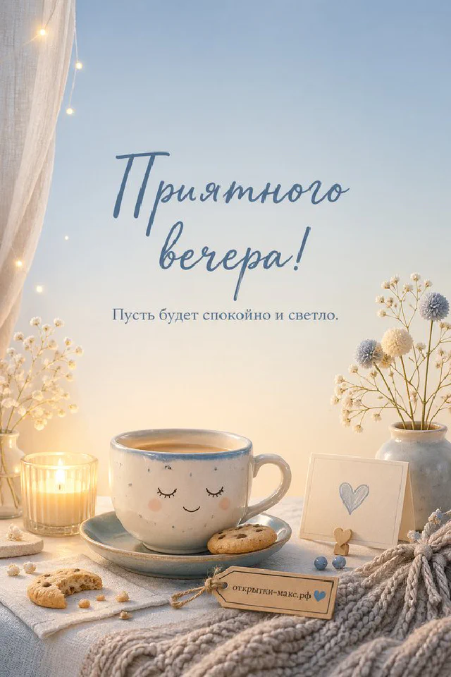 Вечерний стол с книгой, чашкой чая, пледом и лампой у окна с городскими огнями, надпись Приятного вечера — вариант 4
