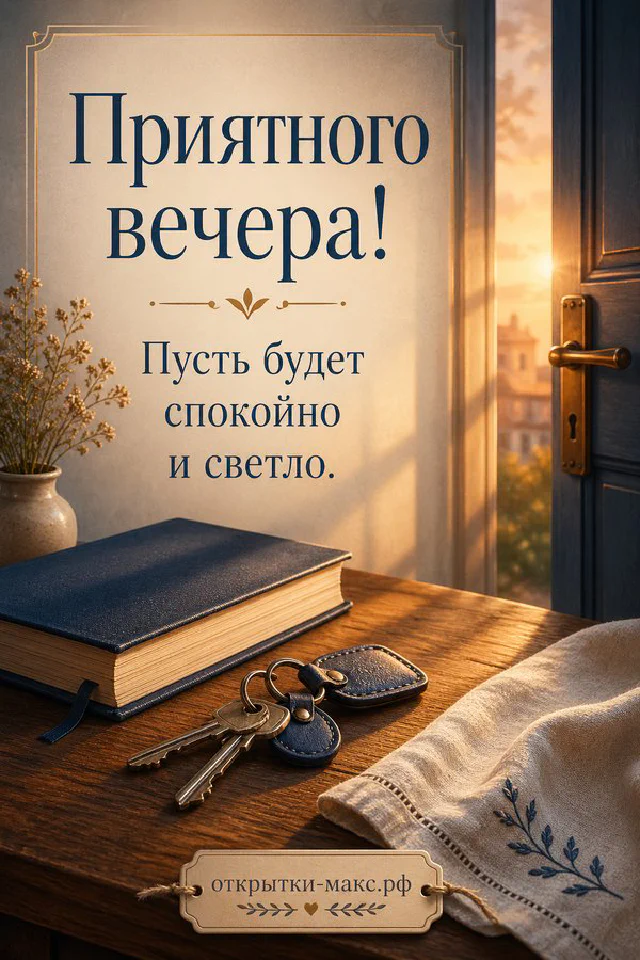 Вечерний стол с книгой, чашкой чая, пледом и лампой у окна с городскими огнями, надпись Приятного вечера — вариант 5