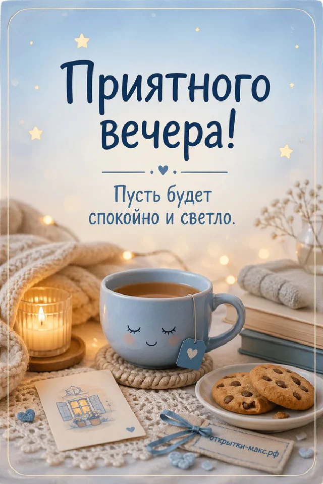 Вечерний стол с книгой, чашкой чая, пледом и лампой у окна с городскими огнями, надпись Приятного вечера — вариант 6
