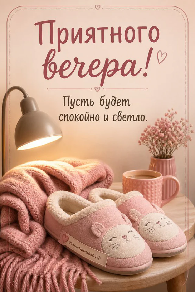 Вечерний стол с книгой, чашкой чая, пледом и лампой у окна с городскими огнями, надпись Приятного вечера — вариант 7
