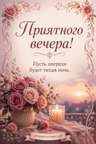 Открытка с нежными розовыми розами в вазе, горящей свечой и золотым декоративным орнаментом на розовом фоне