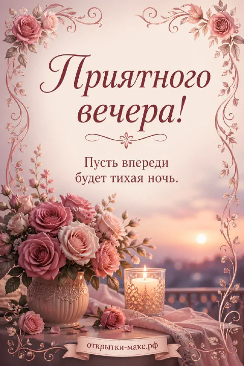 Открытка с нежными розовыми розами в вазе, горящей свечой и золотым декоративным орнаментом на розовом фоне