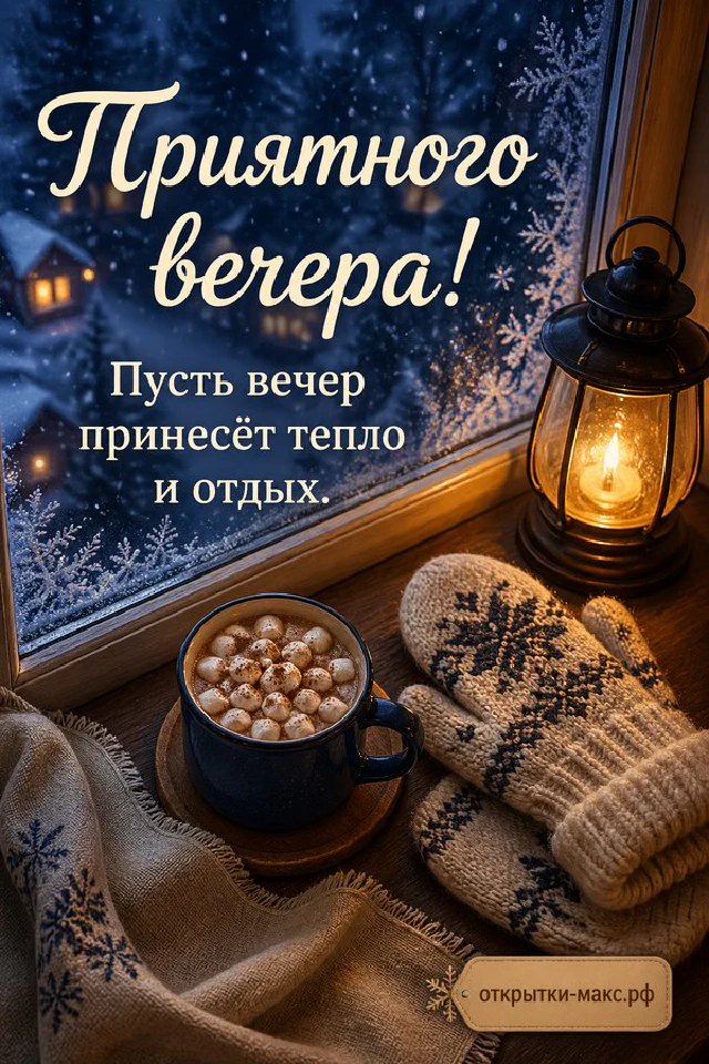 Открытка с горящей свечой, чашкой чая и еловыми ветками у окна с зимним пейзажем, надпись Приятного вечера — вариант 2